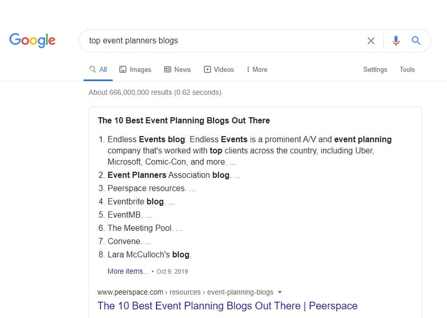 Google results screenshot for top event planning blogs