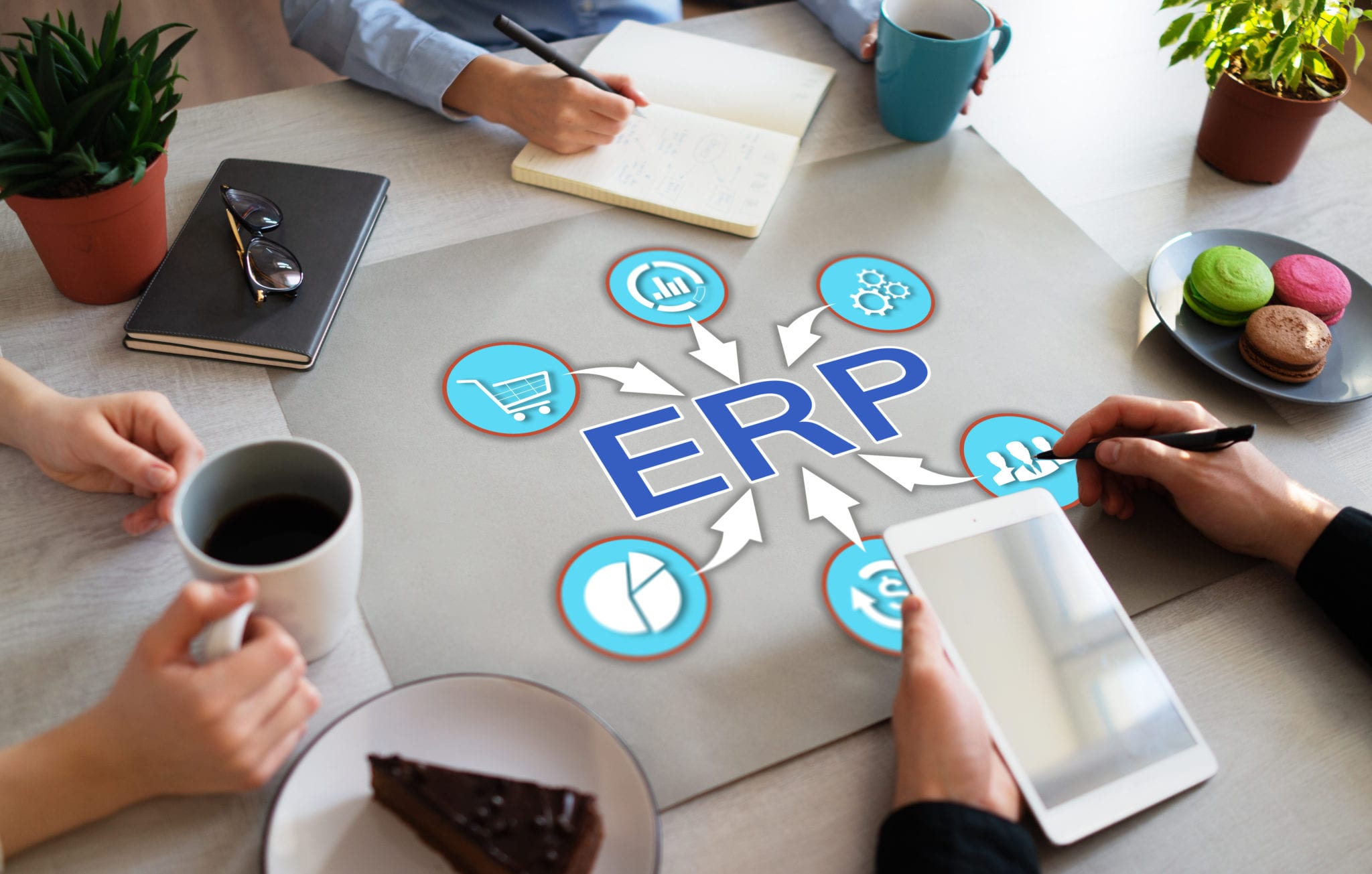 ERP enterprise resource planning business automation technology on office desktop