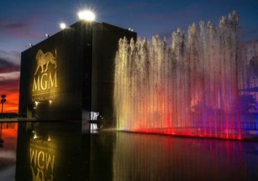 The fountain was showing in red white and blue at the MGM National Harbor Hotel.