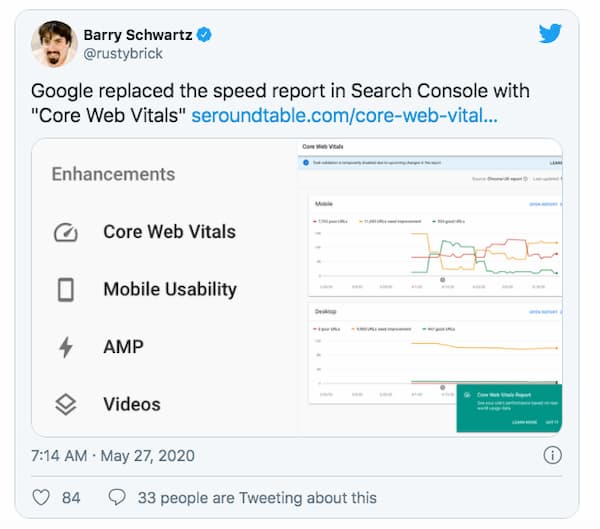 Tweet on the introduction of Core Web Vitals in search console