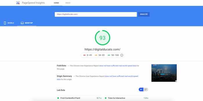 desktop page speed score on page speed insights