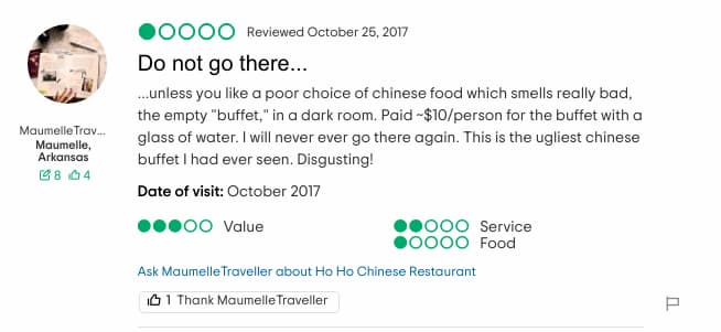 A terrible review of a chinese restaurant on Trip advisor