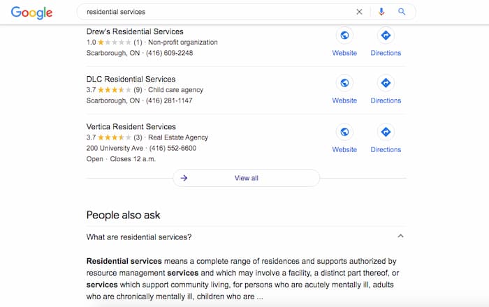 SERP for keyword "residential services"