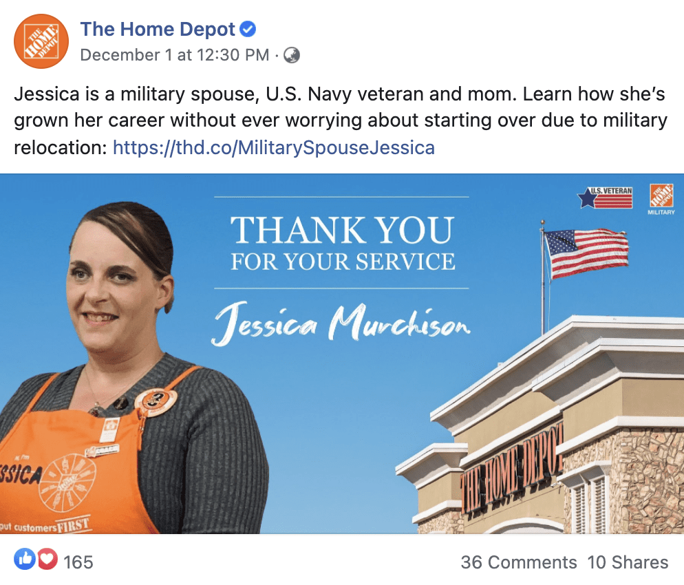 Home Depot featuring an employee on its Facebook page