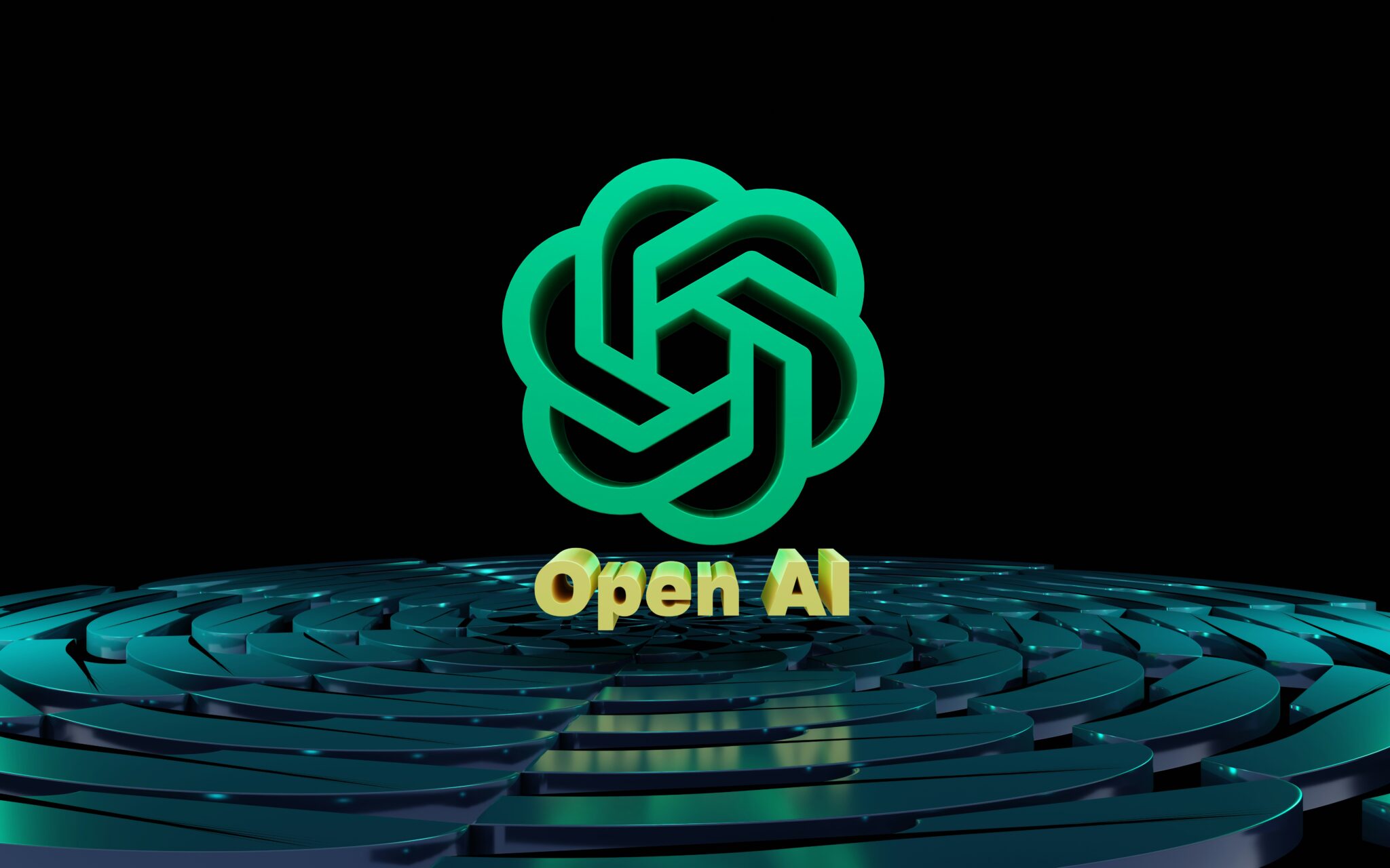 Green open AI logo hovers over dark landscape.
