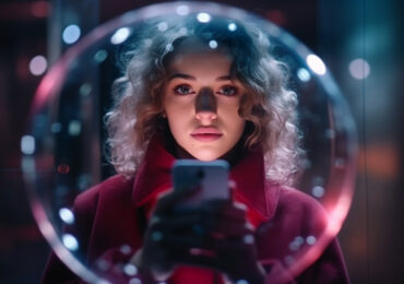 a young woman take a photo of herself with smartphone inside a bubble, dramatic lighting, cinematic style