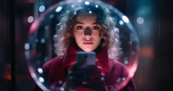 a young woman take a photo of herself with smartphone inside a bubble, dramatic lighting, cinematic style