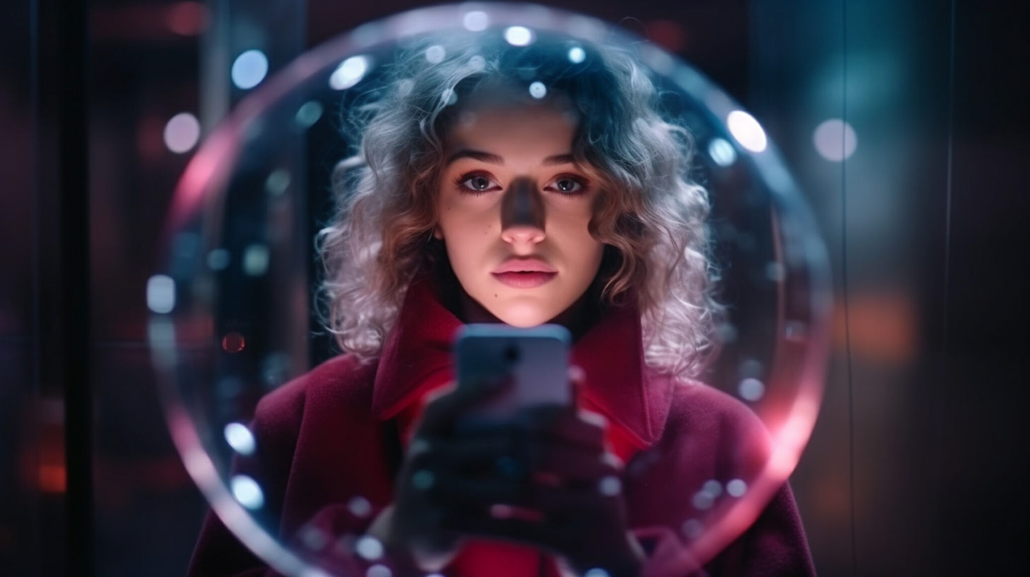 a young woman take a photo of herself with smartphone inside a bubble, dramatic lighting, cinematic style