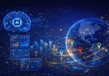 Digital illustration of an AI-powered globe with location pins, data dashboards, city skyline, and a glowing brain icon representing global real estate intelligence