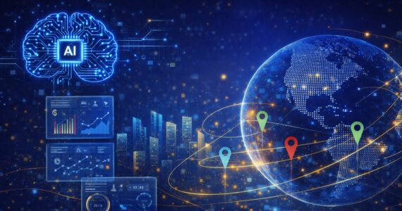Digital illustration of an AI-powered globe with location pins, data dashboards, city skyline, and a glowing brain icon representing global real estate intelligence